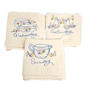 Vintage Hand Embroidered Tea Towels Cream Wednesday Saturday Sunday 34"x 29"